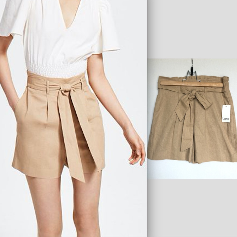 BAR III Women Shorts Size XXS Paperboy Linen Tie-Waist